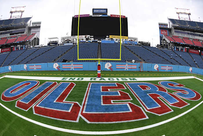 View of Nissan Stadium with throwback Houston Oilers field paint before the game against the Atlanta Falcons. Mandatory Credit: Christopher Hanewinckel-USA TODAY Sports